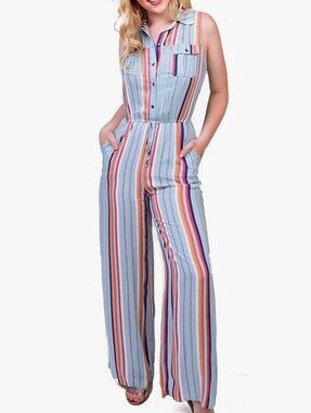 Sleeveless Striped Wide-Leg Jumpsuit in Light Blue